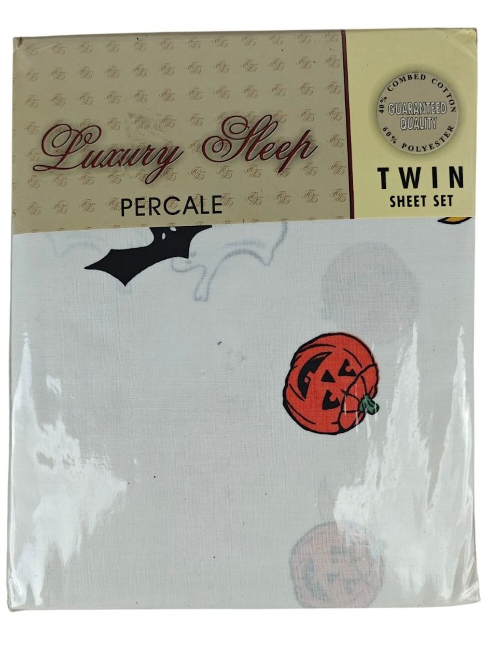 NEW Sealed Luxury Sleep Percale Twin Sheet Set Halloween Print Theme 40% Cotton